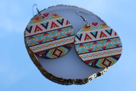 Kolczyki wisząckie, drewniane, okrągłe, azteckie kolorowe wzory