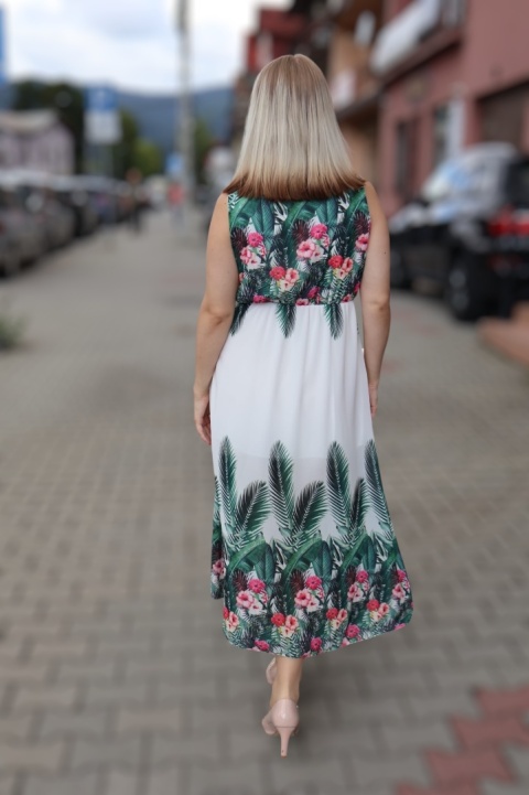 Letnia sukienka z dekoltem w serek, bez rękawów w kwiaty