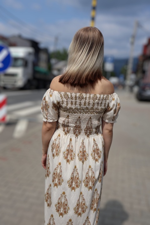 Sukienka maxi hiszpanka, azteckie wzory, krótki rękaw