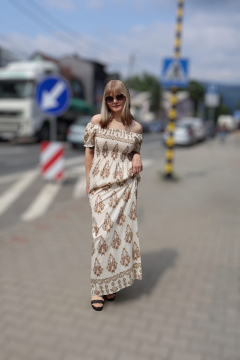 Sukienka maxi hiszpanka, azteckie wzory, krótki rękaw