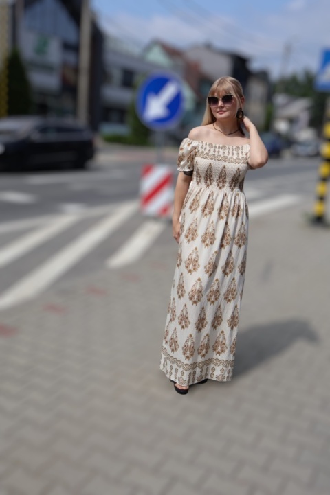 Sukienka maxi hiszpanka, azteckie wzory, krótki rękaw