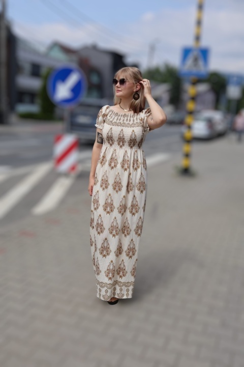 Sukienka maxi hiszpanka, azteckie wzory, krótki rękaw