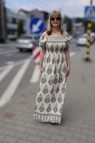 Sukienka maxi hiszpanka, azteckie wzory, krótki rękaw