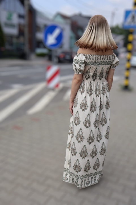 Sukienka maxi hiszpanka, azteckie wzory, krótki rękaw