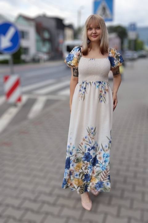 Sukienka maxi hiszpanka, kwiaty, krótki rękaw z lnem