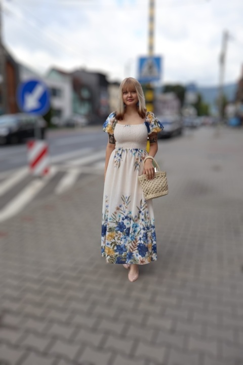 Sukienka maxi hiszpanka, kwiaty, krótki rękaw z lnem