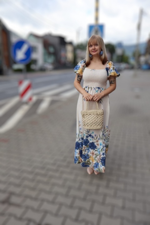 Sukienka maxi hiszpanka, kwiaty, krótki rękaw z lnem