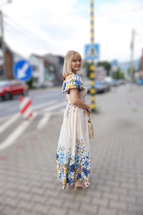 Sukienka maxi hiszpanka, kwiaty, krótki rękaw z lnem