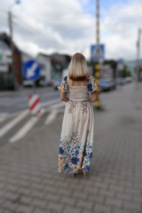 Sukienka maxi hiszpanka, kwiaty, krótki rękaw z lnem