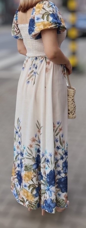 Sukienka maxi hiszpanka, kwiaty, krótki rękaw z lnem