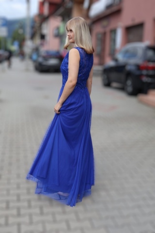 Sukienka wieczorowa długa z rozcięciem, koronka, cekiny, tiul,