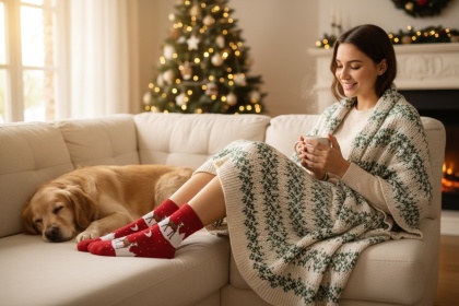 Bawełniane skarpetki świąteczne z motywem renifera Aurovia,czerwone