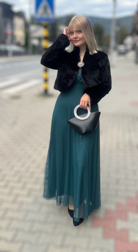 Bolerko futrzane z broszką czarne