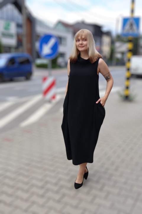 Czarna sukienka midi Kristen z kieszeniami pasek w zestawie Pietro Brunelli