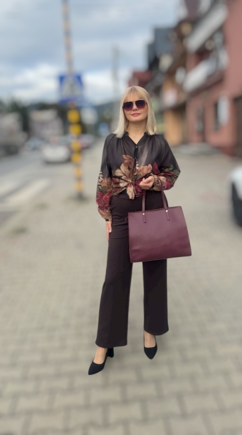 Eleganckie szerokie spodnie dzianinowe, ciemna czekolada