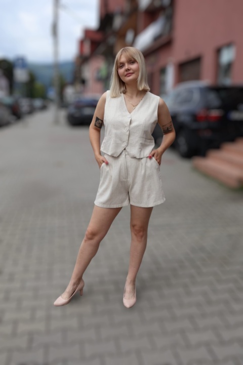 Komplet garniturowy, lniano wiskozowy, kamizelka i spodenki, beżowy