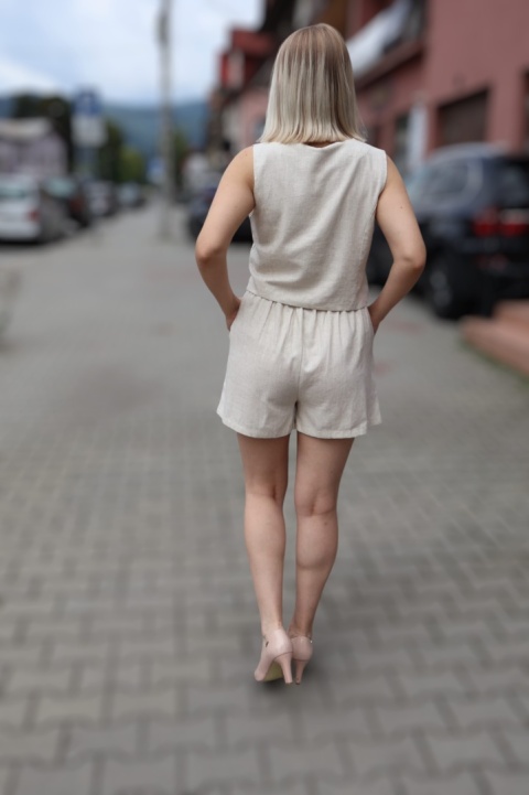 Komplet garniturowy, lniano wiskozowy, kamizelka i spodenki, beżowy