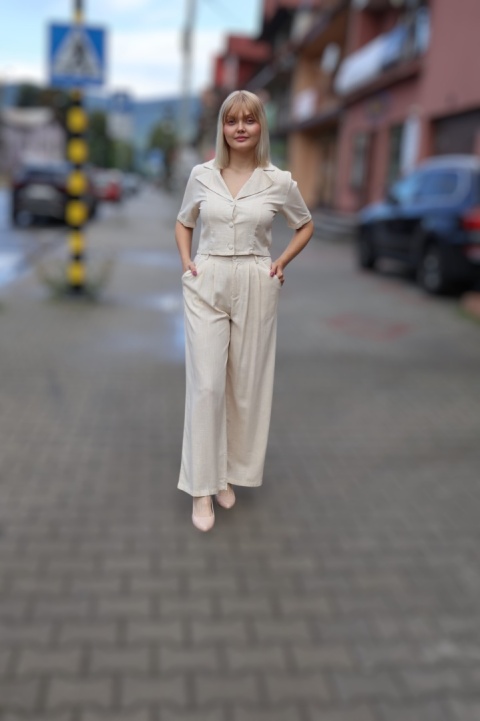 Lniano wiskozowy komplet szerokie spodnie i krótka bluzka, beżowy