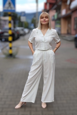 Lniano wiskozowy komplet szerokie spodnie i krótka bluzka, biały