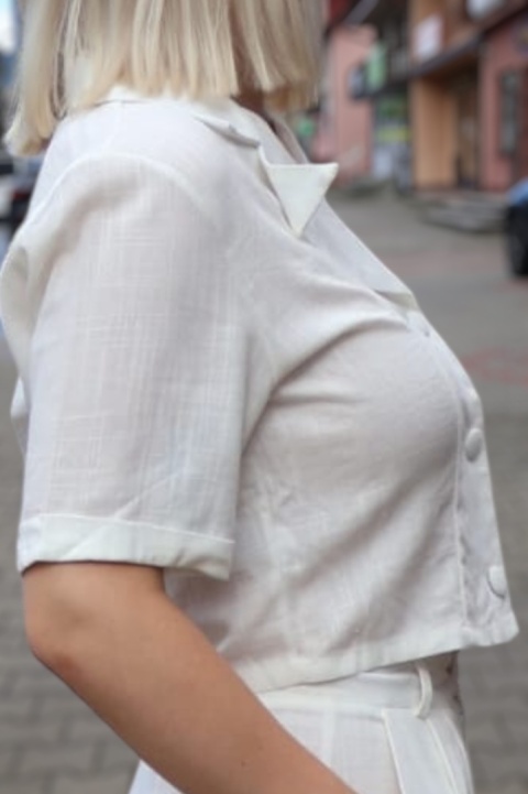 Lniano wiskozowy komplet szerokie spodnie i krótka bluzka, biały