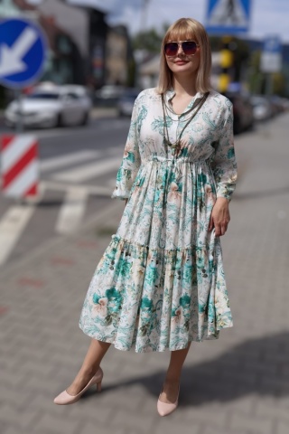 Sukienka damska midi w kwiaty wiązana w pasie, 100% wiskoza