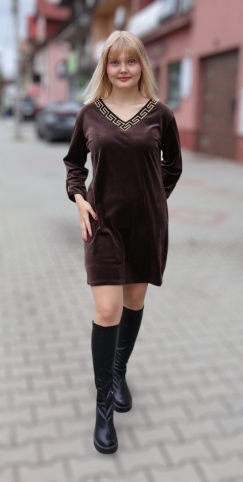 Sukienka welurowa z dekoltem V, brązowa