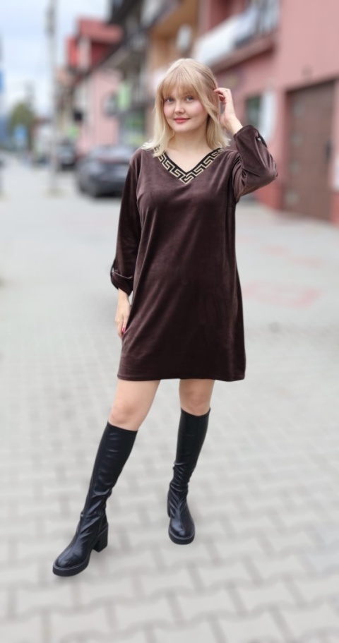 Sukienka welurowa z dekoltem V, brązowa