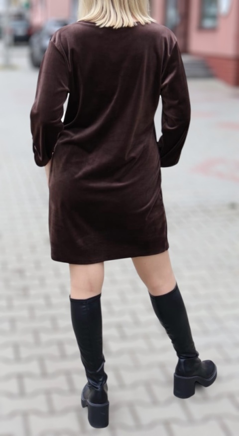 Sukienka welurowa z dekoltem V, brązowa