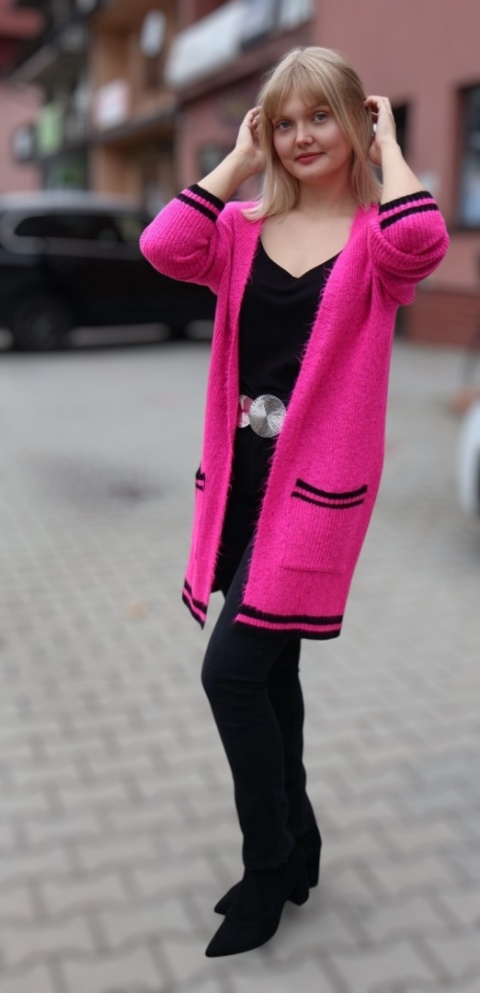 Kardigan różowy z czarnymi lamówkami i kieszeniami Moda Katoliński