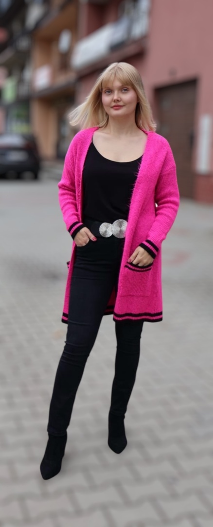 Kardigan różowy z czarnymi lamówkami i kieszeniami Moda Katoliński