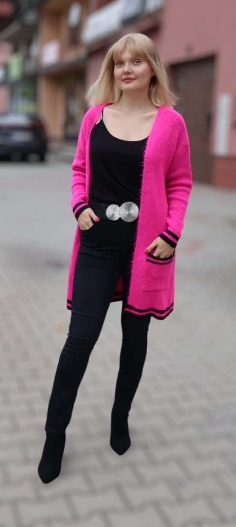 Kardigan różowy z czarnymi lamówkami i kieszeniami Moda Katoliński