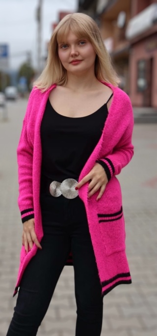 Kardigan różowy z czarnymi lamówkami i kieszeniami Moda Katoliński