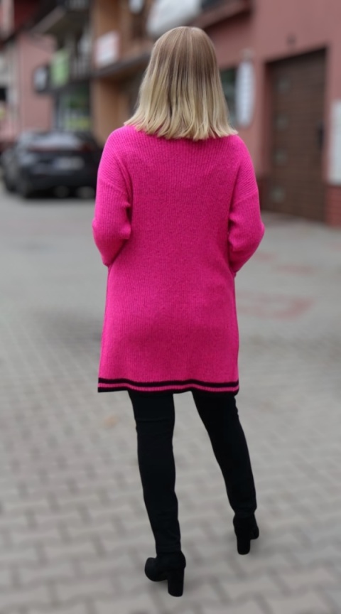 Kardigan różowy z czarnymi lamówkami i kieszeniami Moda Katoliński