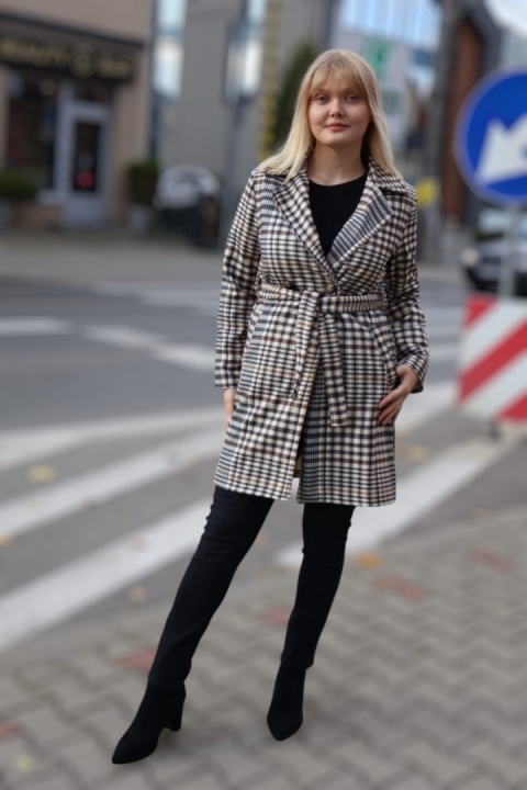 Stylowy płaszcz w kratę z guzikami, klasyczny płaszcz jesienny UNI