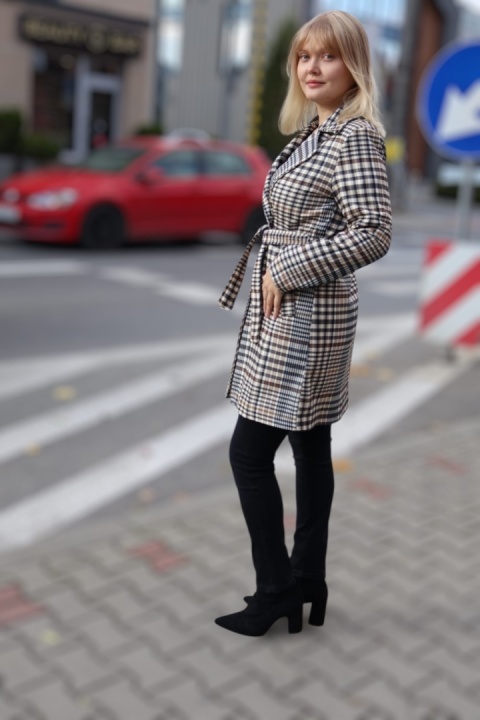 Stylowy płaszcz w kratę z guzikami, klasyczny płaszcz jesienny UNI
