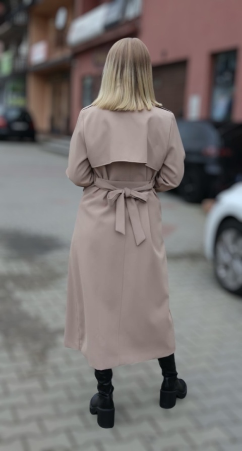 Stylowy długi płaszcz trencz z kieszeniami, beżowy