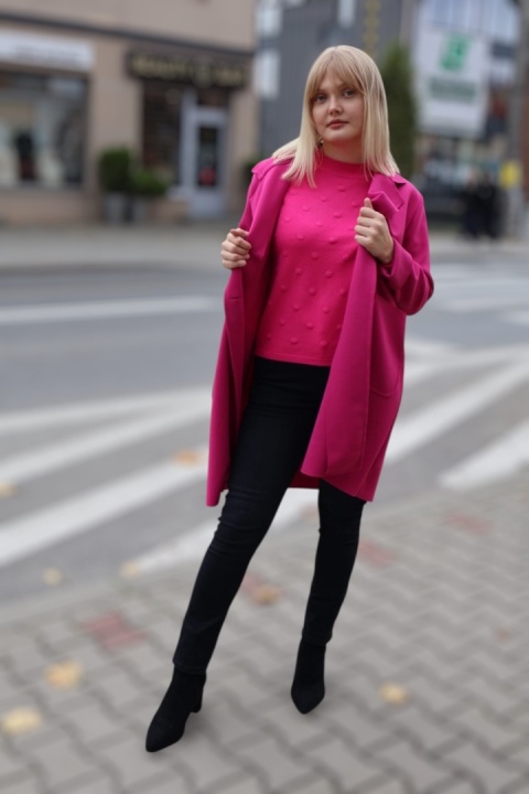 Stylowy płaszcz fuksjowy, modny płaszcz jesienny damski UNI zapinany na guzik