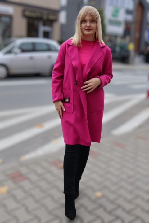 Stylowy płaszcz fuksjowy, modny płaszcz jesienny damski UNI zapinany na guzik