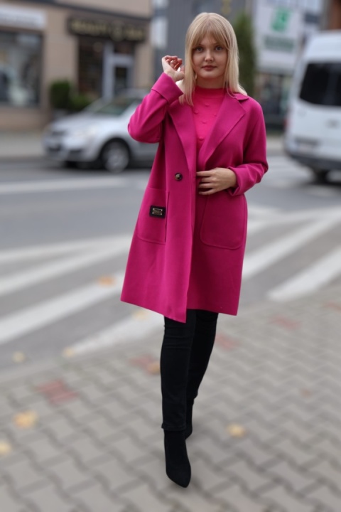 Stylowy płaszcz fuksjowy, modny płaszcz jesienny damski UNI zapinany na guzik