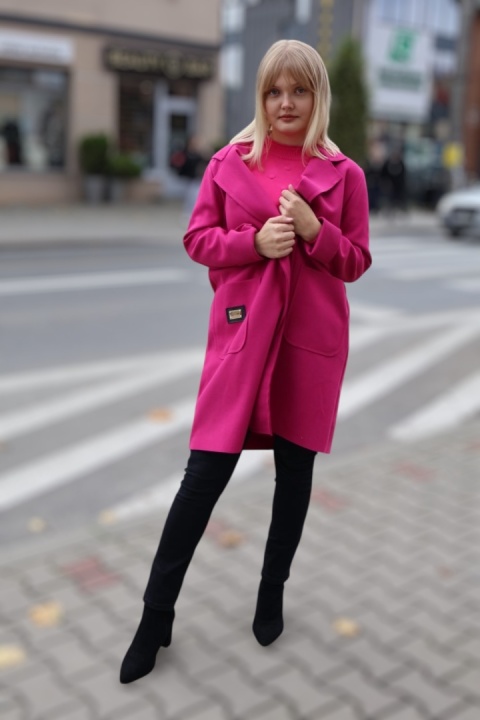 Stylowy płaszcz fuksjowy, modny płaszcz jesienny damski UNI zapinany na guzik