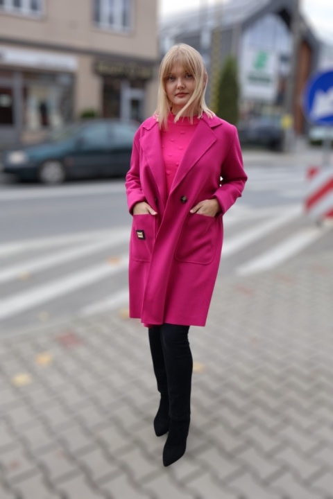 Stylowy płaszcz fuksjowy, modny płaszcz jesienny damski UNI zapinany na guzik