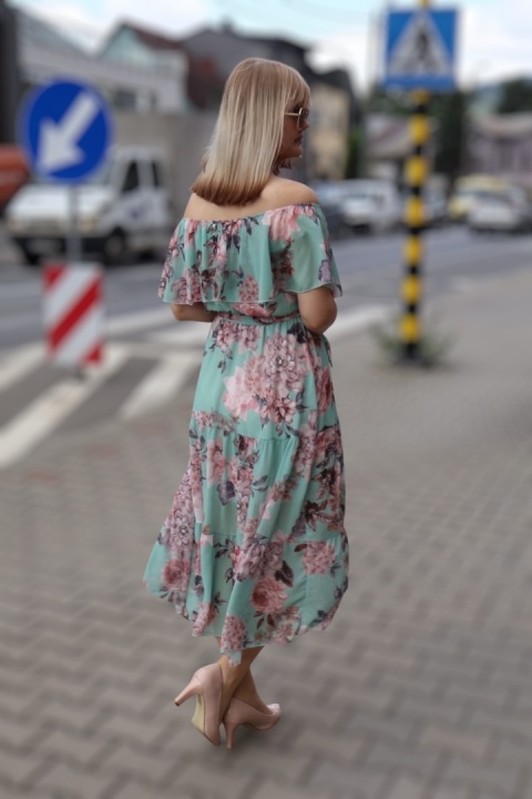 Sukienka hiszpanka z falbaną w kwiaty, midi