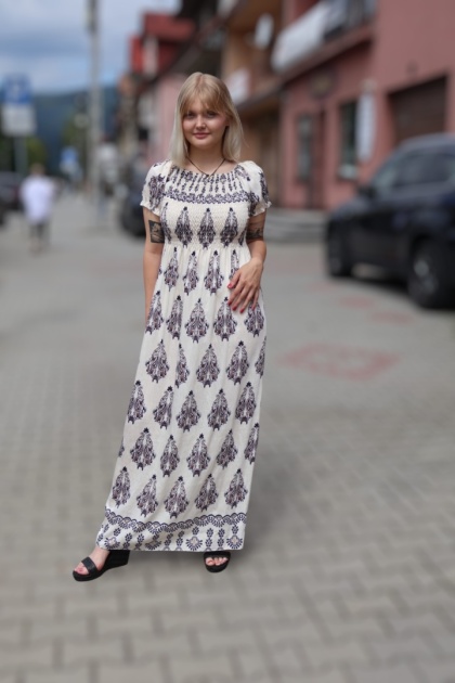 Sukienka maxi hiszpanka, azteckie wzory, krótki rękaw