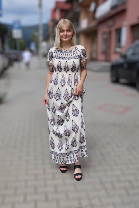 Sukienka maxi hiszpanka, azteckie wzory, krótki rękaw