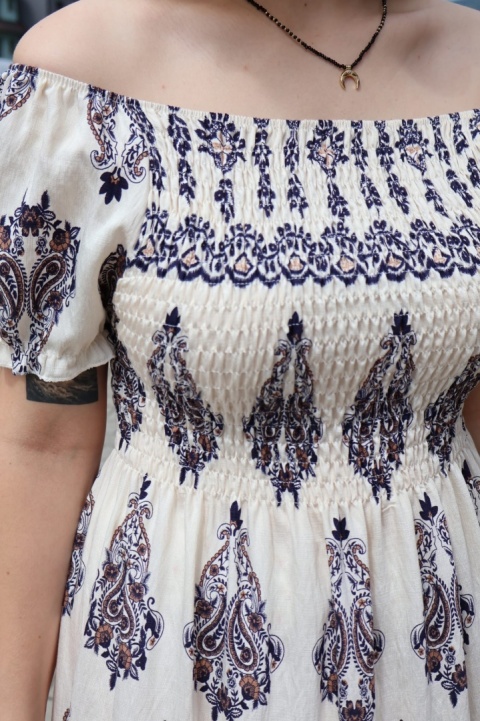 Sukienka maxi hiszpanka, azteckie wzory, krótki rękaw