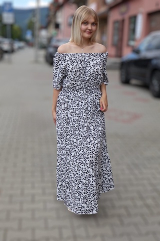 Sukienka maxi hiszpanka w drobne listki, krótki rękaw, biała