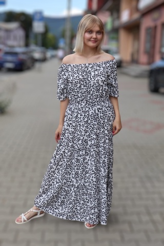 Sukienka maxi hiszpanka w drobne listki, krótki rękaw, biała