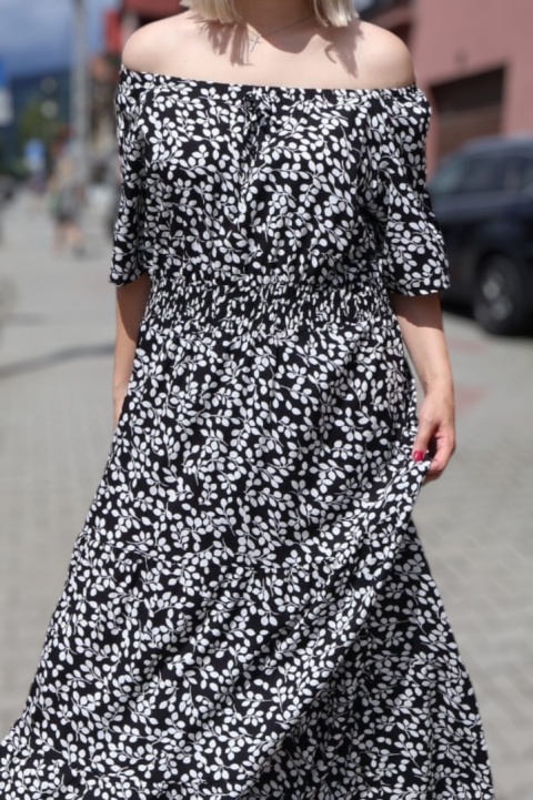 Sukienka maxi hiszpanka w drobne listki, krótki rękaw czarna