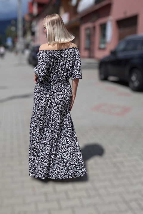 Sukienka maxi hiszpanka w drobne listki, krótki rękaw czarna