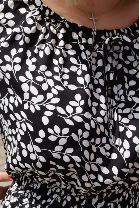 Sukienka maxi hiszpanka w drobne listki, krótki rękaw czarna